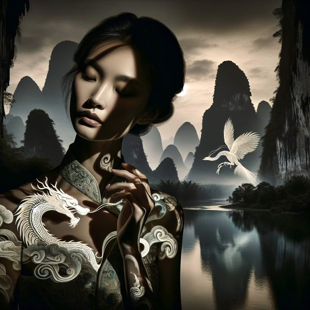 Ethereal Asian Fantasy Portrait with Dragon Silhouette