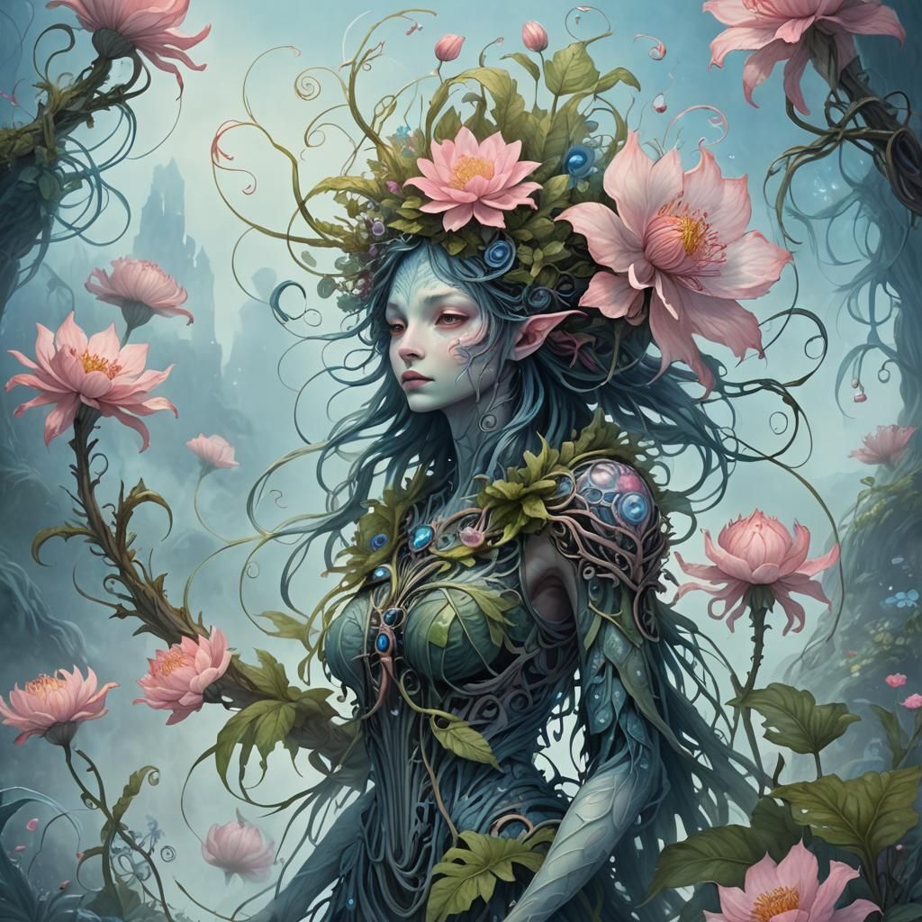 Fantastical Plant Creature in Misty Landscape