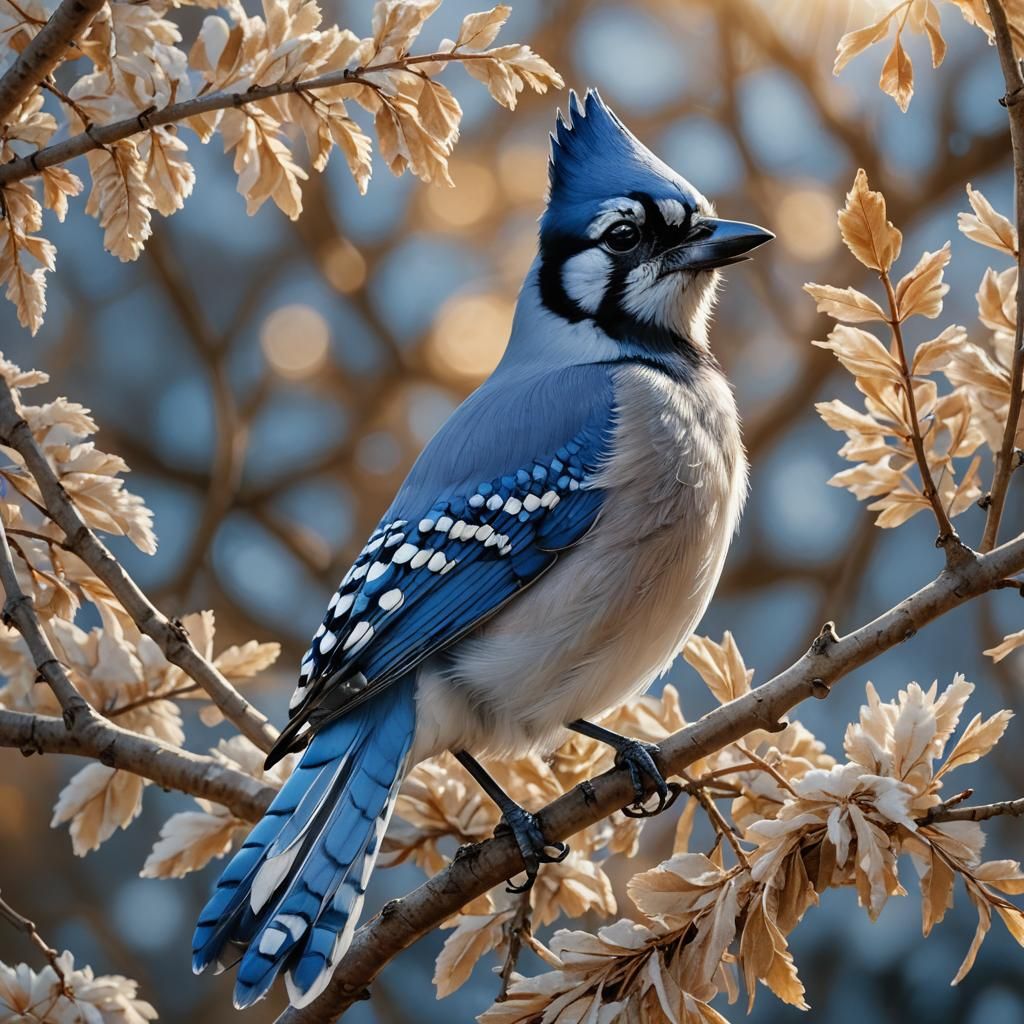 Hyperrealistic Blue Jay Portrait in Golden Sunlight