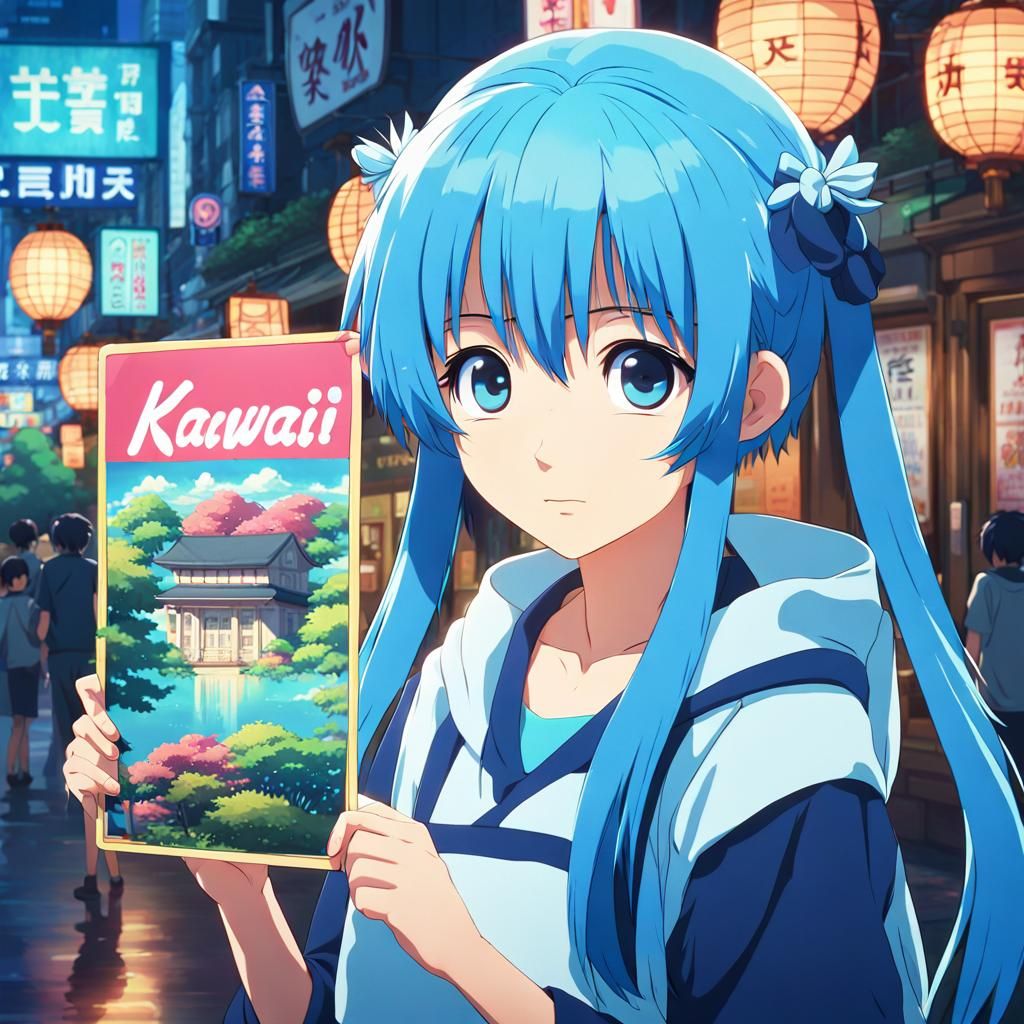 Anime Girl Holding Kawaii Sign in Ghibli Style