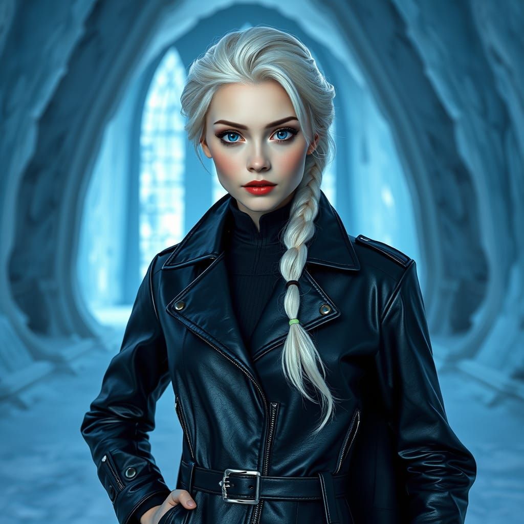 Elsa in Leather Jacket in Futuristic Ice Palace