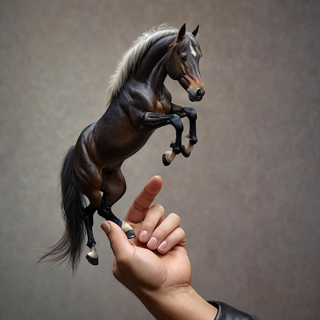 Tiny Horse on Thumb: Hyperrealistic Animal Portrait