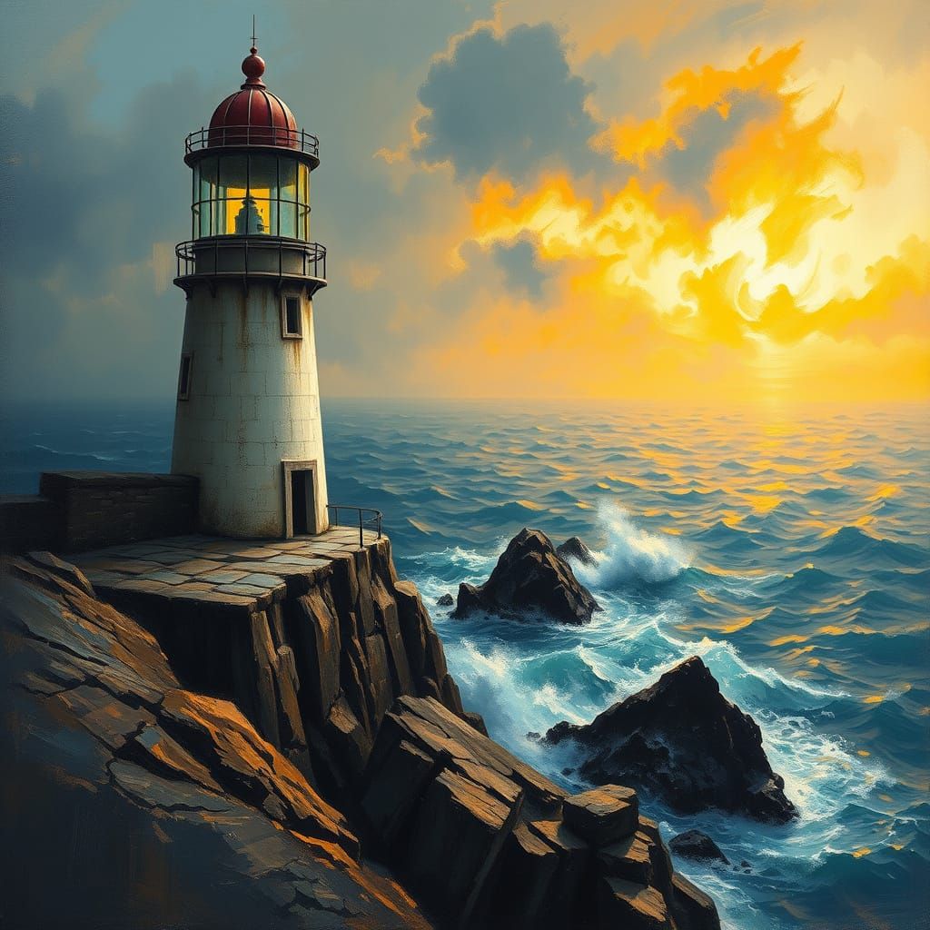 Tempestuous Lighthouse View in Romantic Style