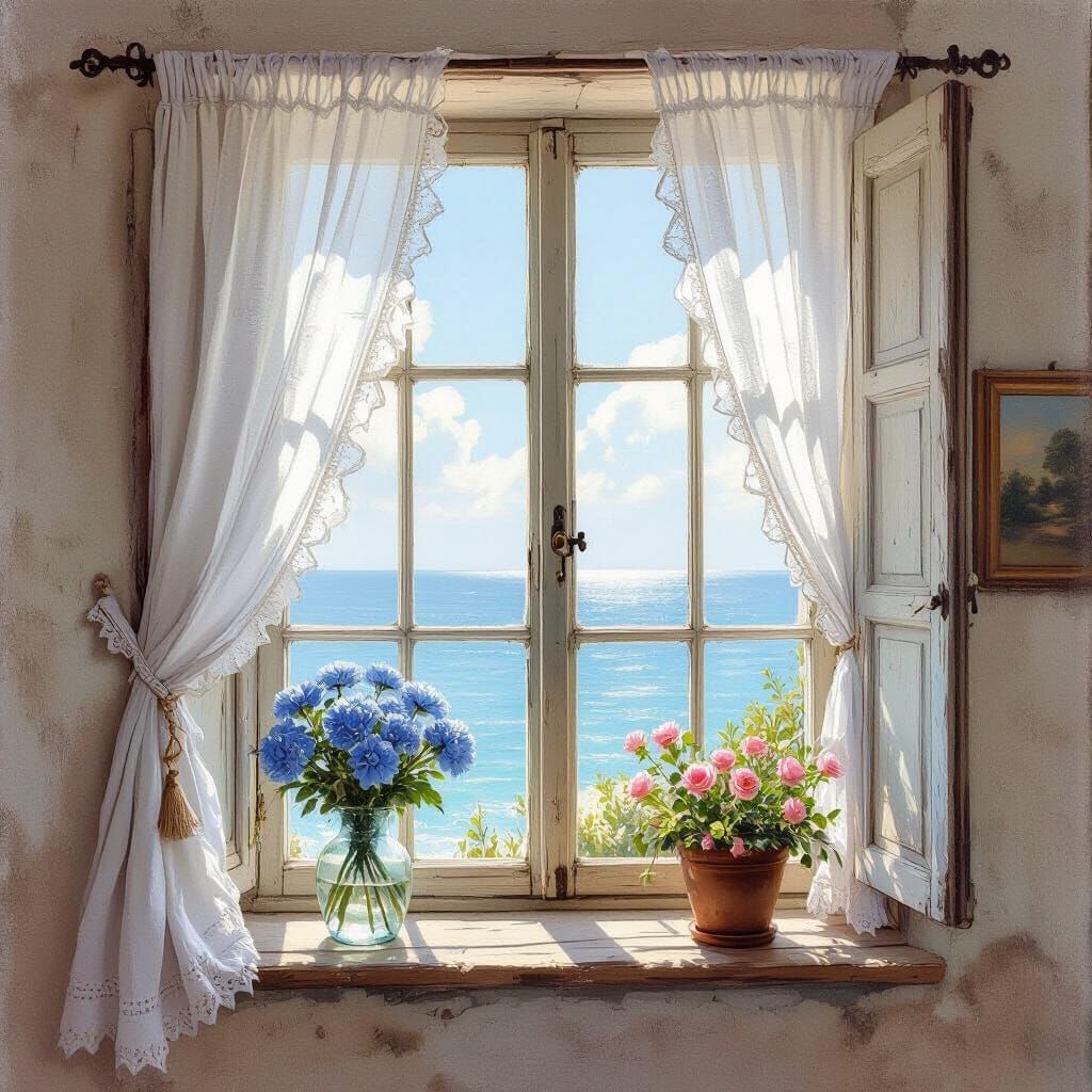 Shabby Chic Window with Hydrangeas, Impressionistic Style