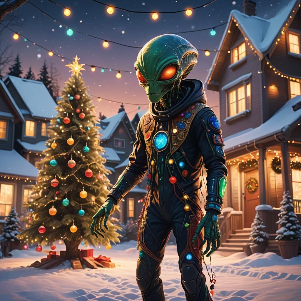 Festive Alien in Winter Wonderland: Digital Illustration