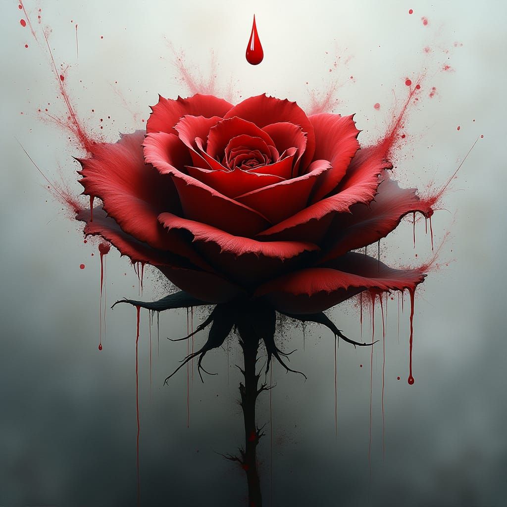 Macabre Rose Blooming from Blood Drop in Gothic Style