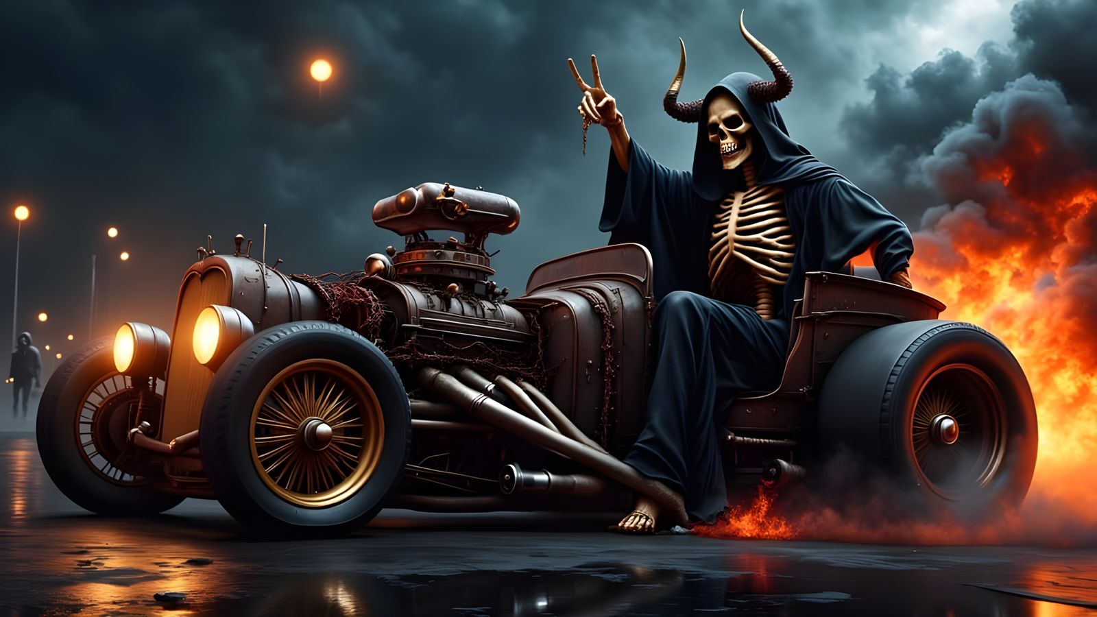 Grim Reaper in Rat Rod with Skulls and Barbed Wire
