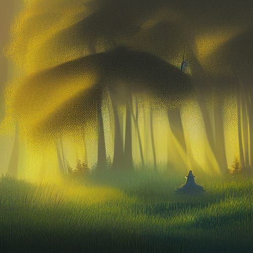 Glowing Figure in Ethereal Meadow: A Digital Painting