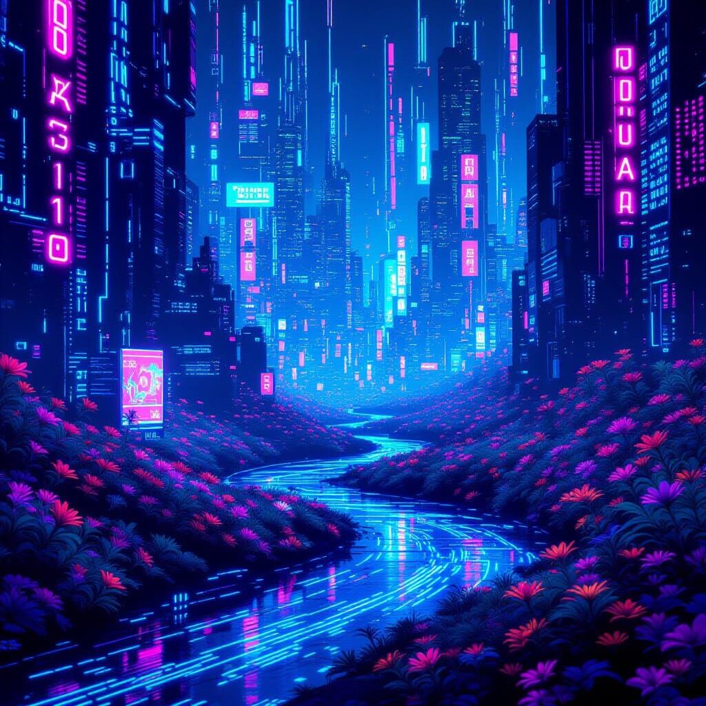 Cyberpunk Cityscape of Glowing Code and Data Streams