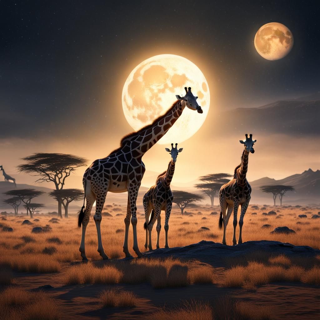 Giraffes on a Moonlit Plain: Detailed Matte Painting