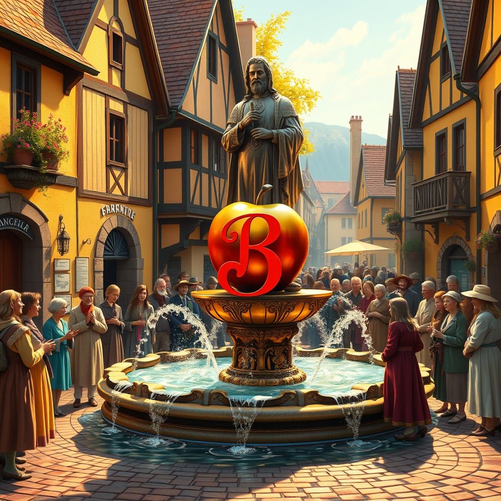 Vibrant Village Square with Majestic Bronze Statue