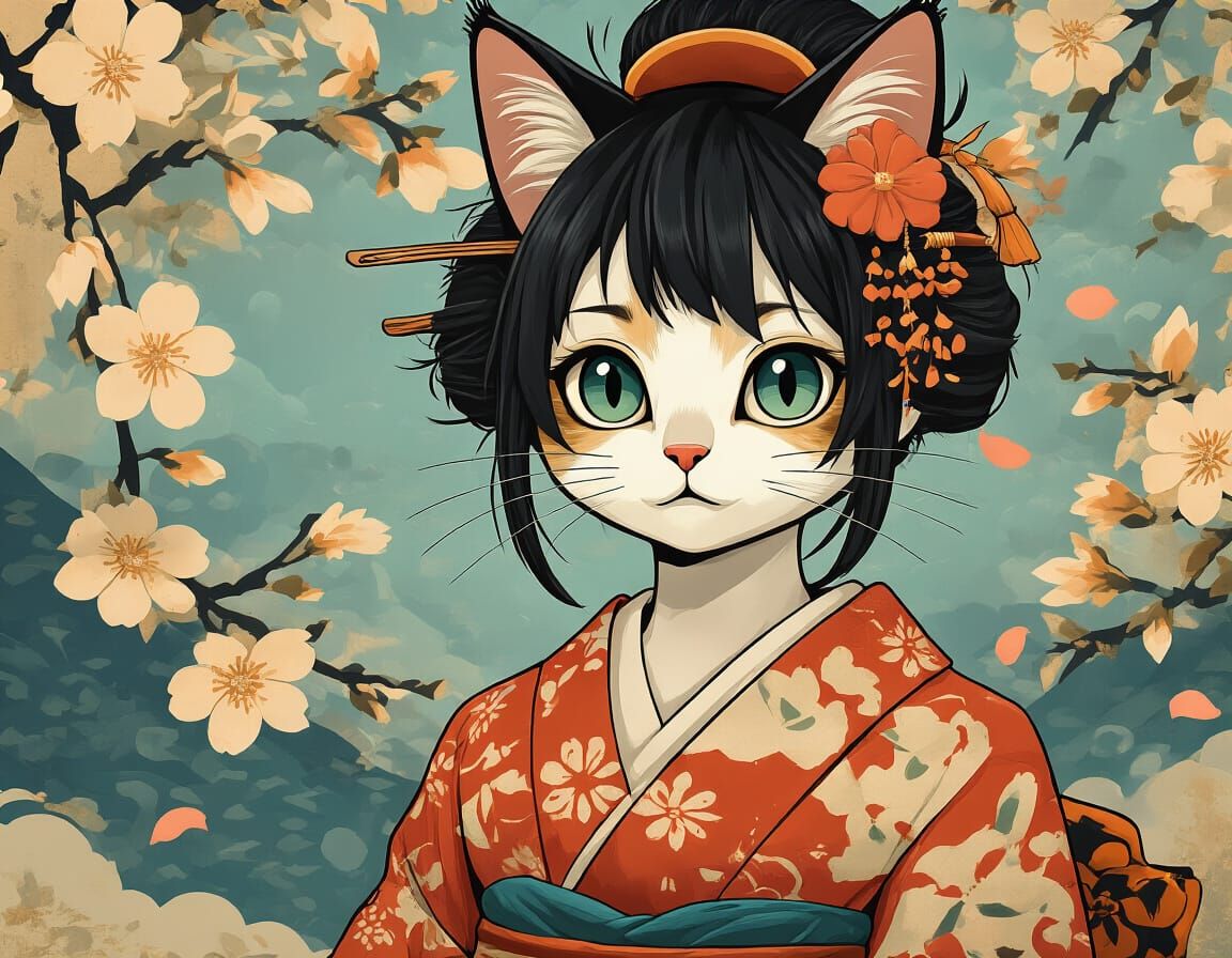 Anime Cat in Kimono, Ukiyo-e Style