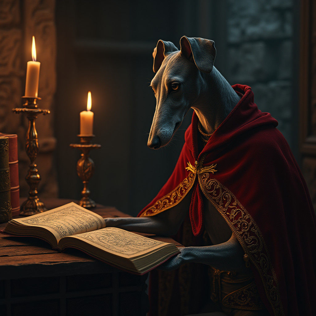 Greyhound Reads Medieval Manuscript in Mystical Chamber