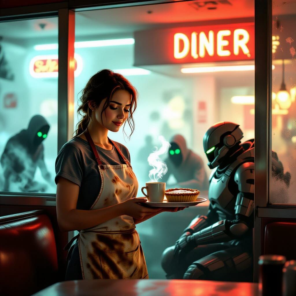Empathetic Woman in Neon Diner with Cybernetic Soldier