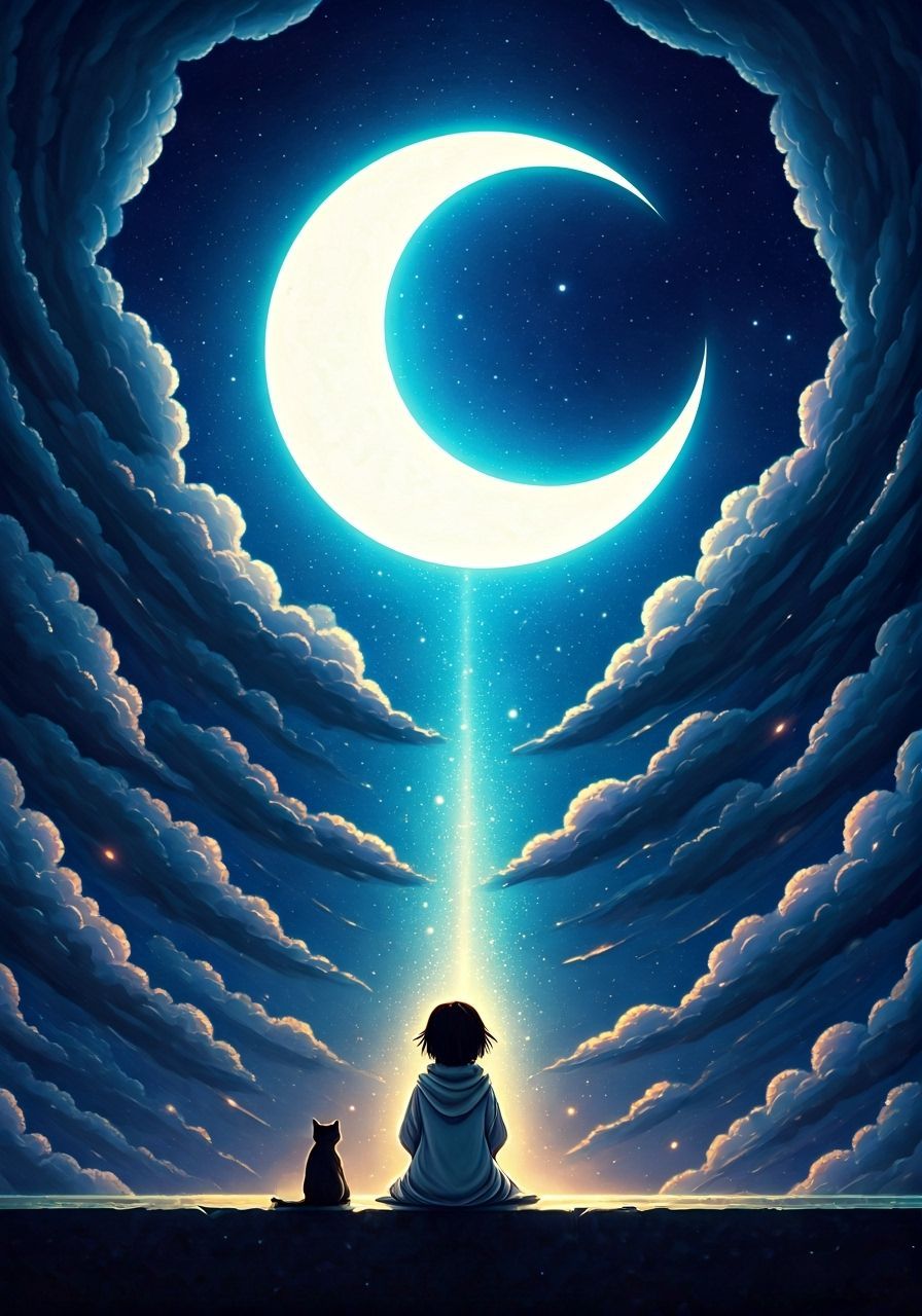 Child and Cat Gaze at Moon in Cosmic Art Style