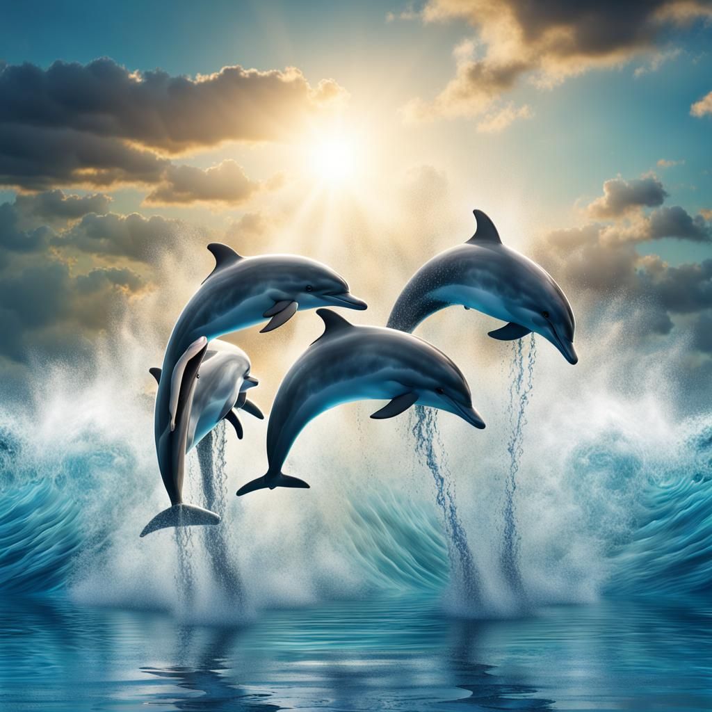 Cheerful Dolphins Jumping in Blue Sea