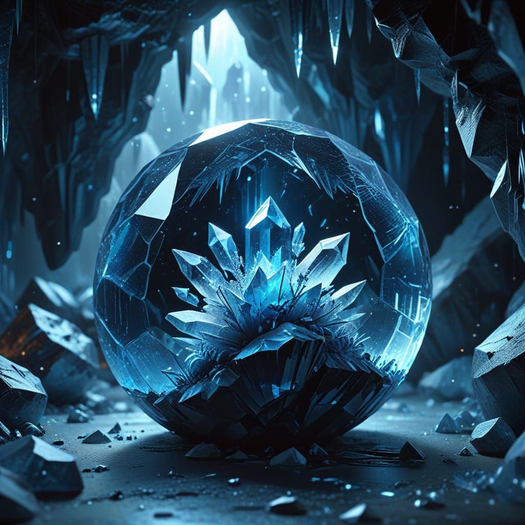 "A faceted orb with icy edges glows inside a frozen cave of ...