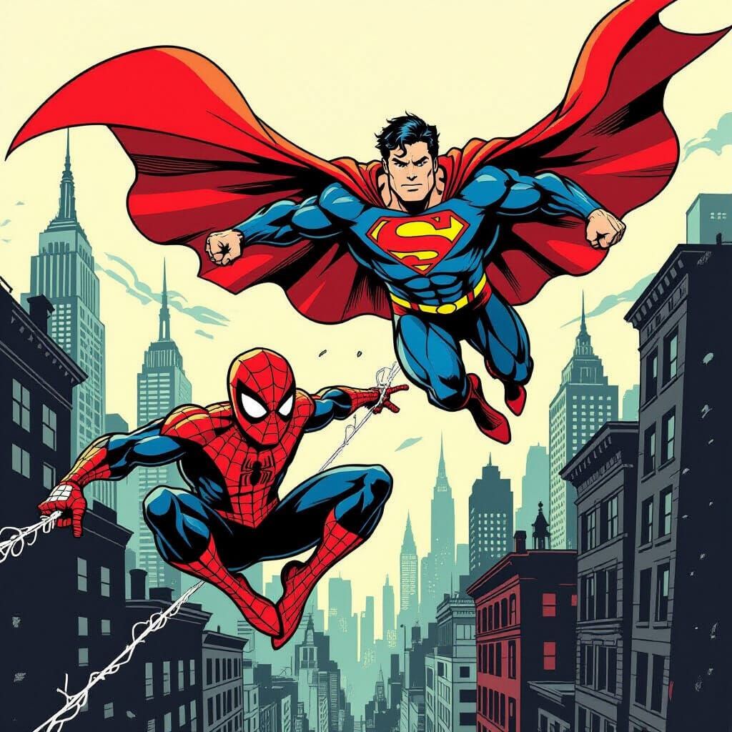 Dynamic Action Scene: Spider-Man and Superman in Cartoon Sty...