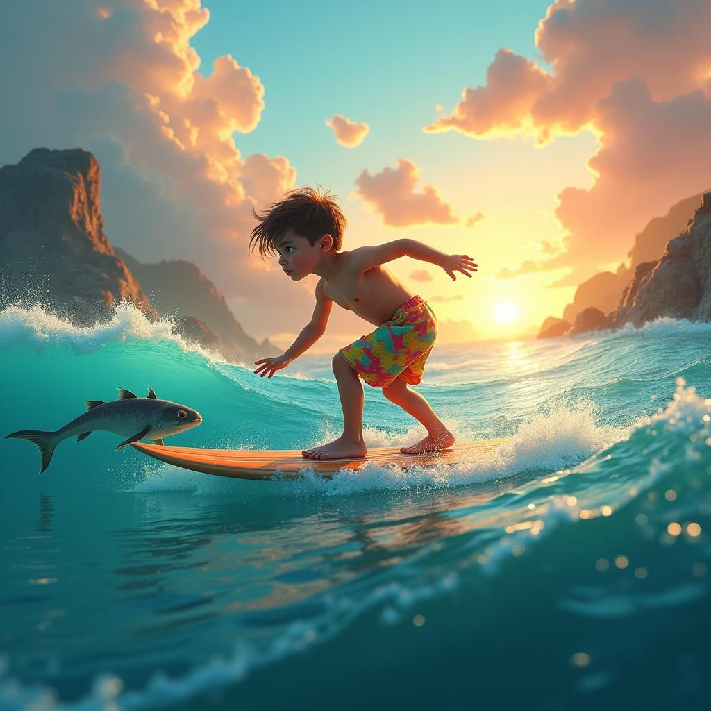 Boy Surfing Mystical Sunset Sea: Fantasy Art