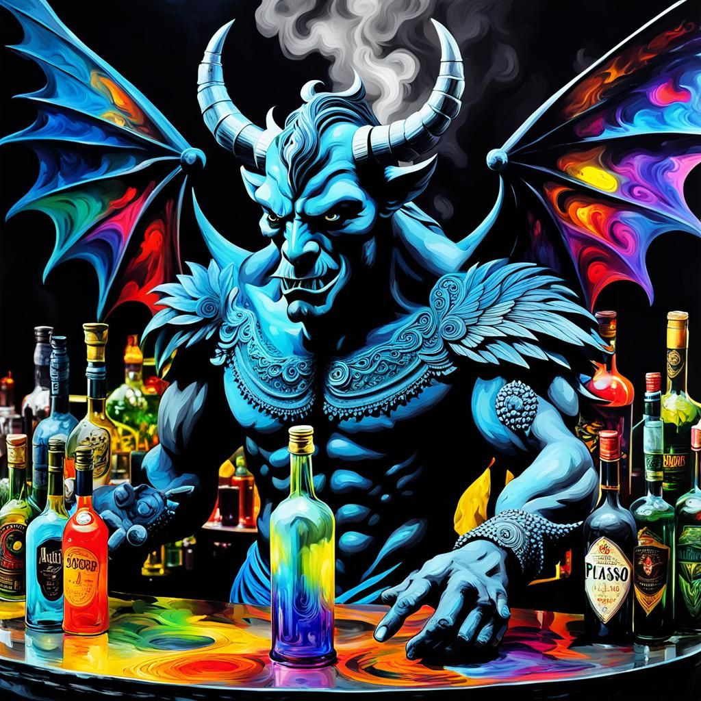 Winged  demon bartender    in a Million bottle  dreamscape,  making wishes  , Picasso's integrated flowing composition, ...