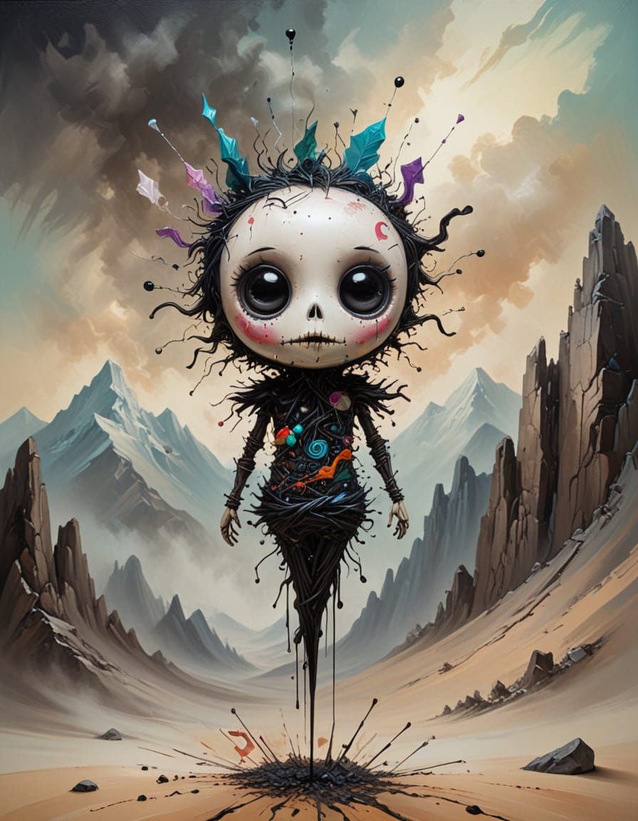 Whimsical Surreal Painting of a Vortex Doll Falling into a C...