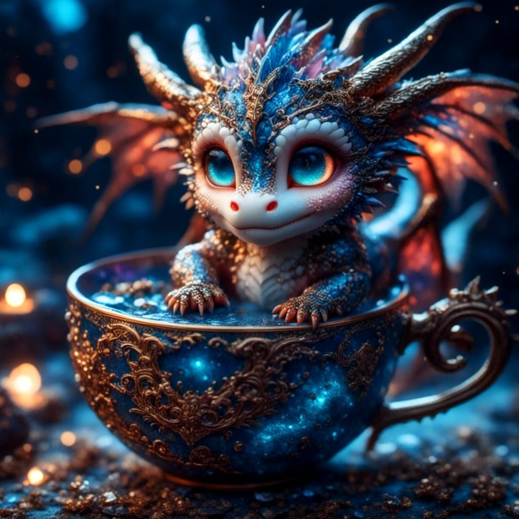 Adorable Dragon in Teacup: Anime 3D Portrait