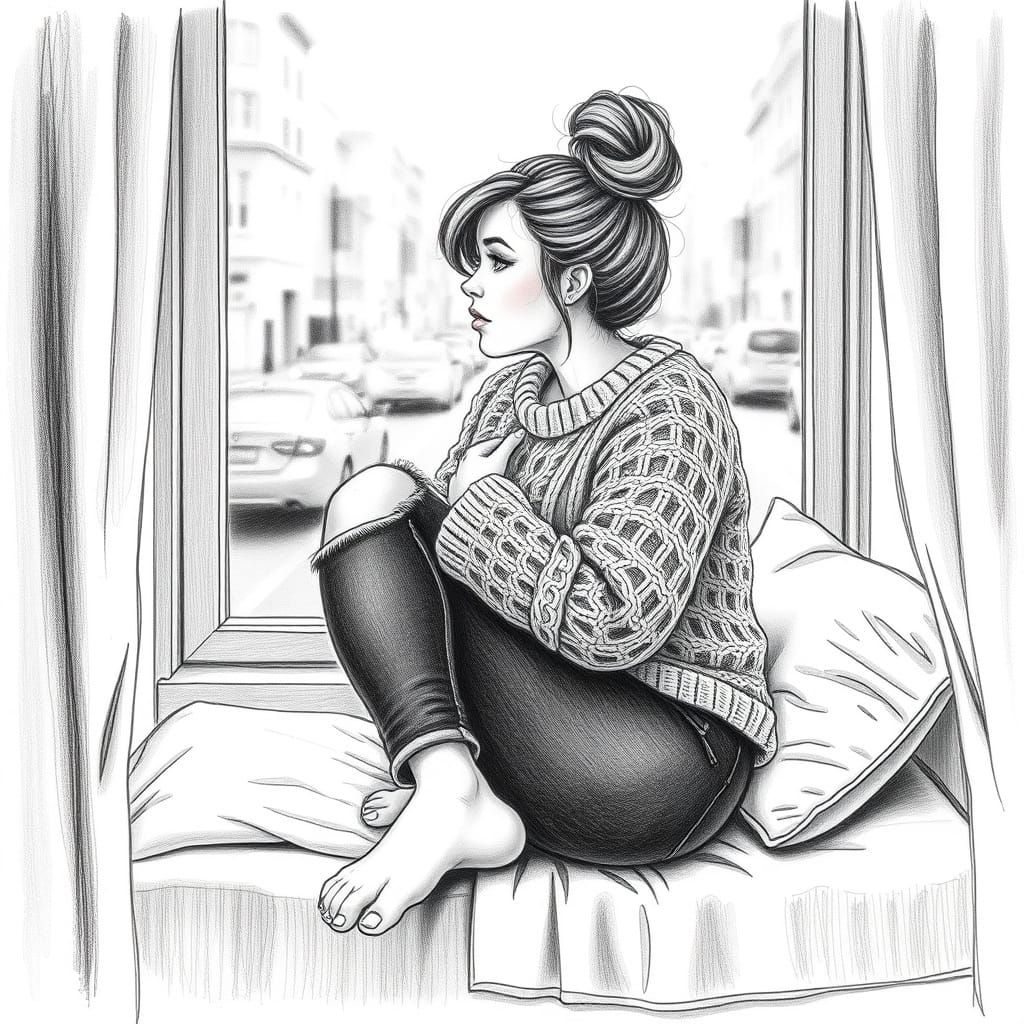Grayscale Pencil Sketch of Woman Gazing Out Window