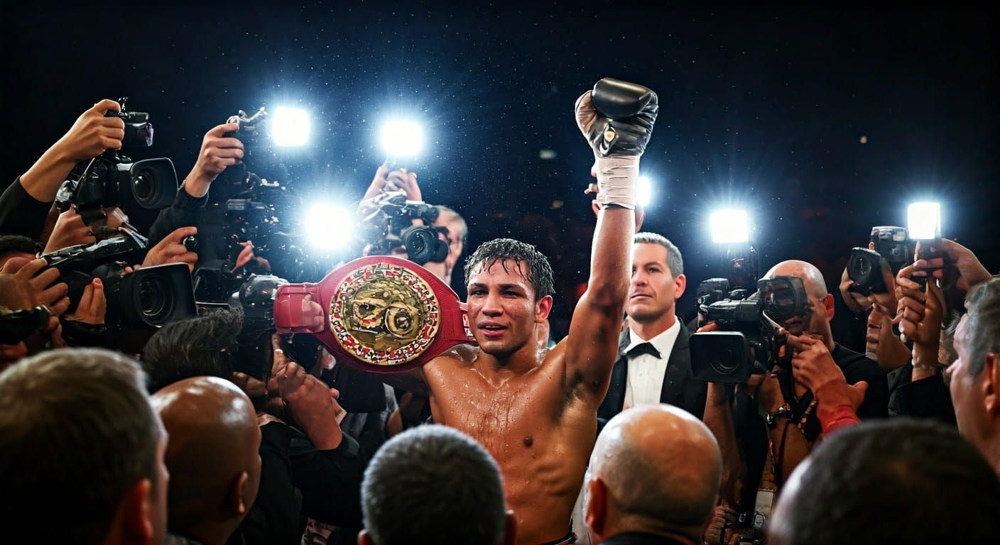 Champion Boxer Raises Championship Belt Amid Paparazzi Frenz...