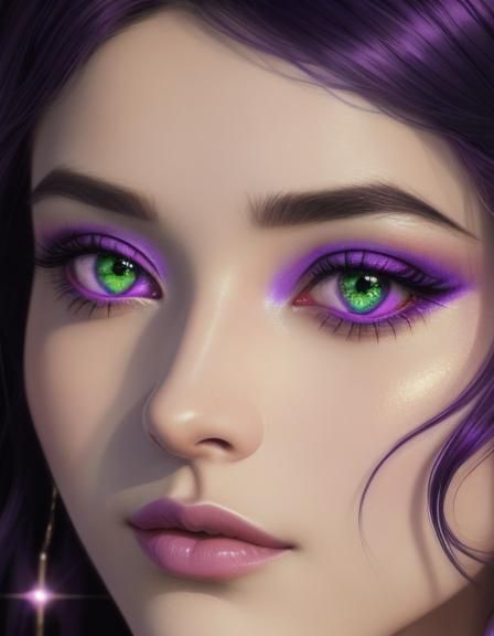 Beautiful young lady with vibrant neon purple wavy hair and ...