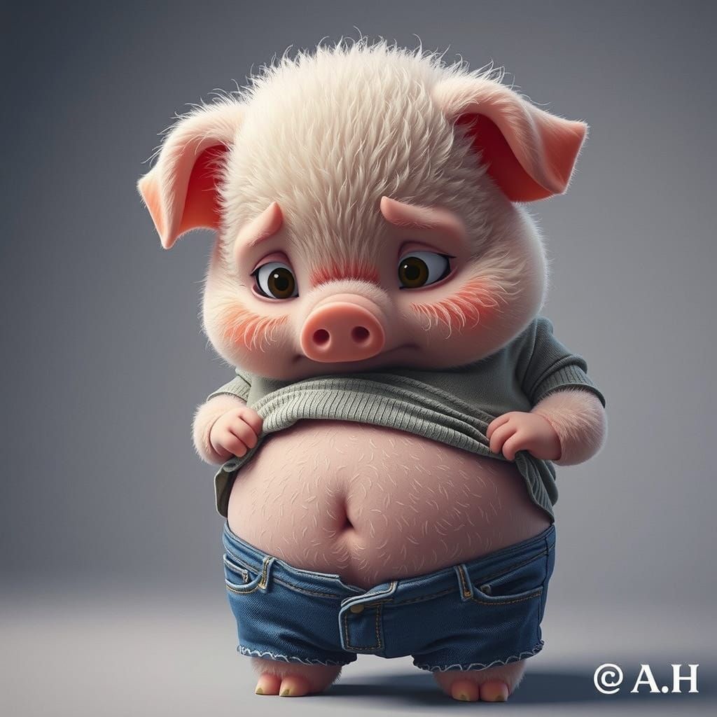 Worried Chubby Piglet Cartoon in CN Style