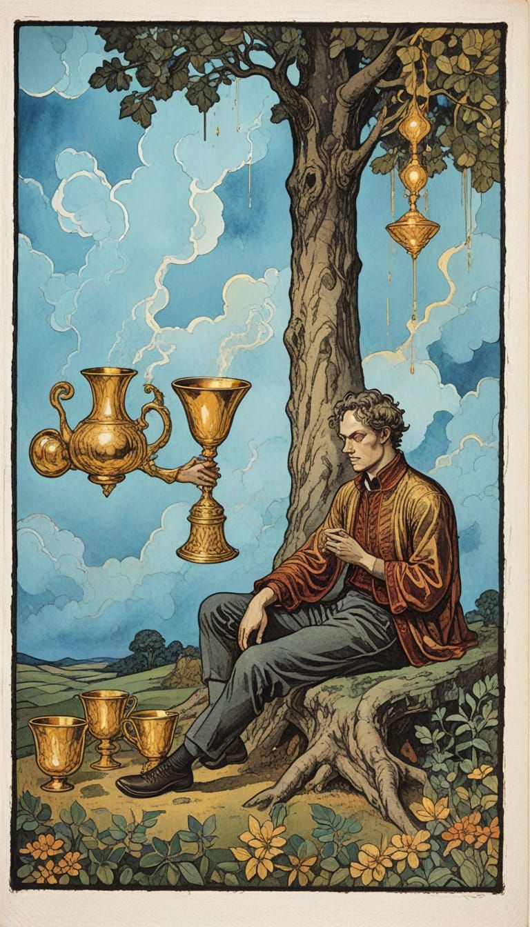 Mystical Young Man Contemplating Fate in a Dreamlike Landsca...