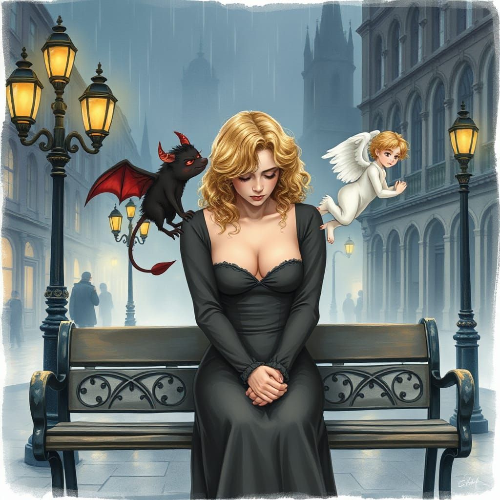Gothic City Angel and Devil Scene in Watercolor