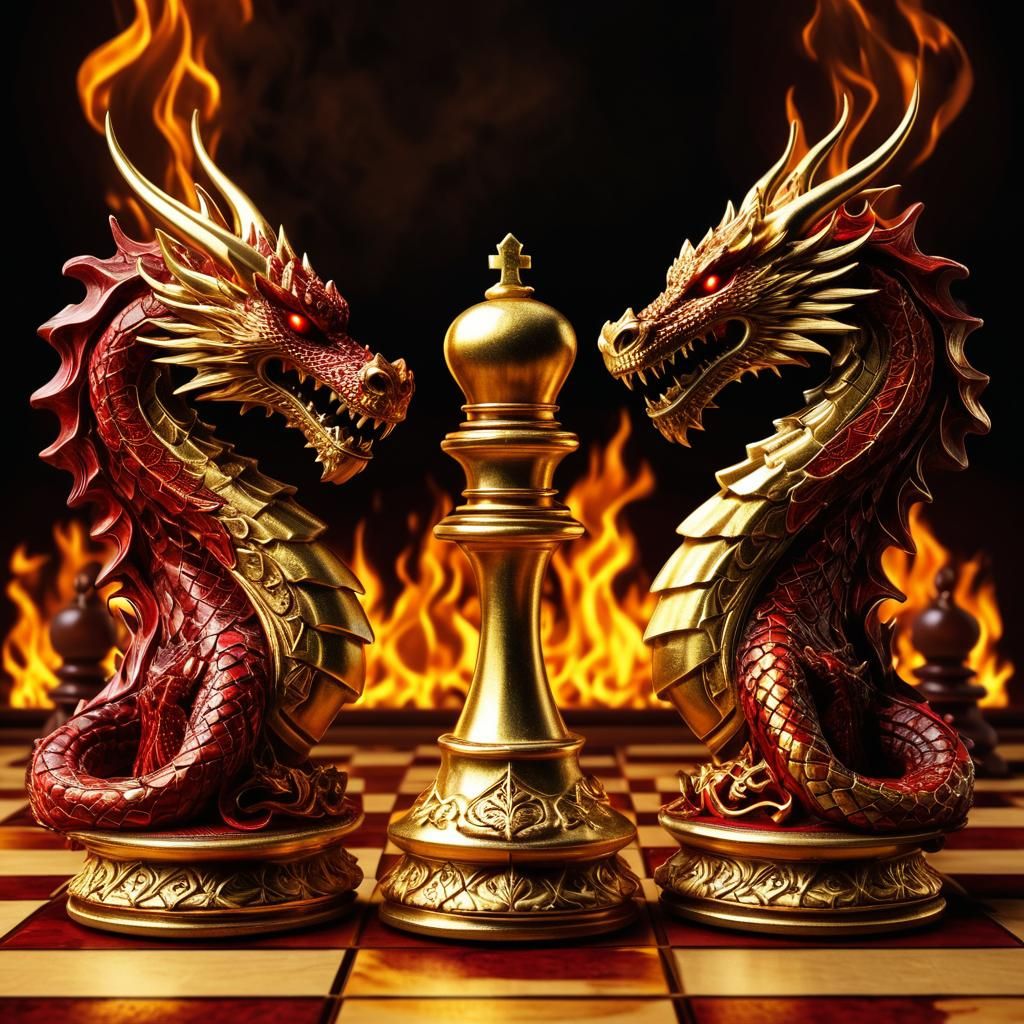 Fiery Dragon Chessboard in Digital Matte Painting Style