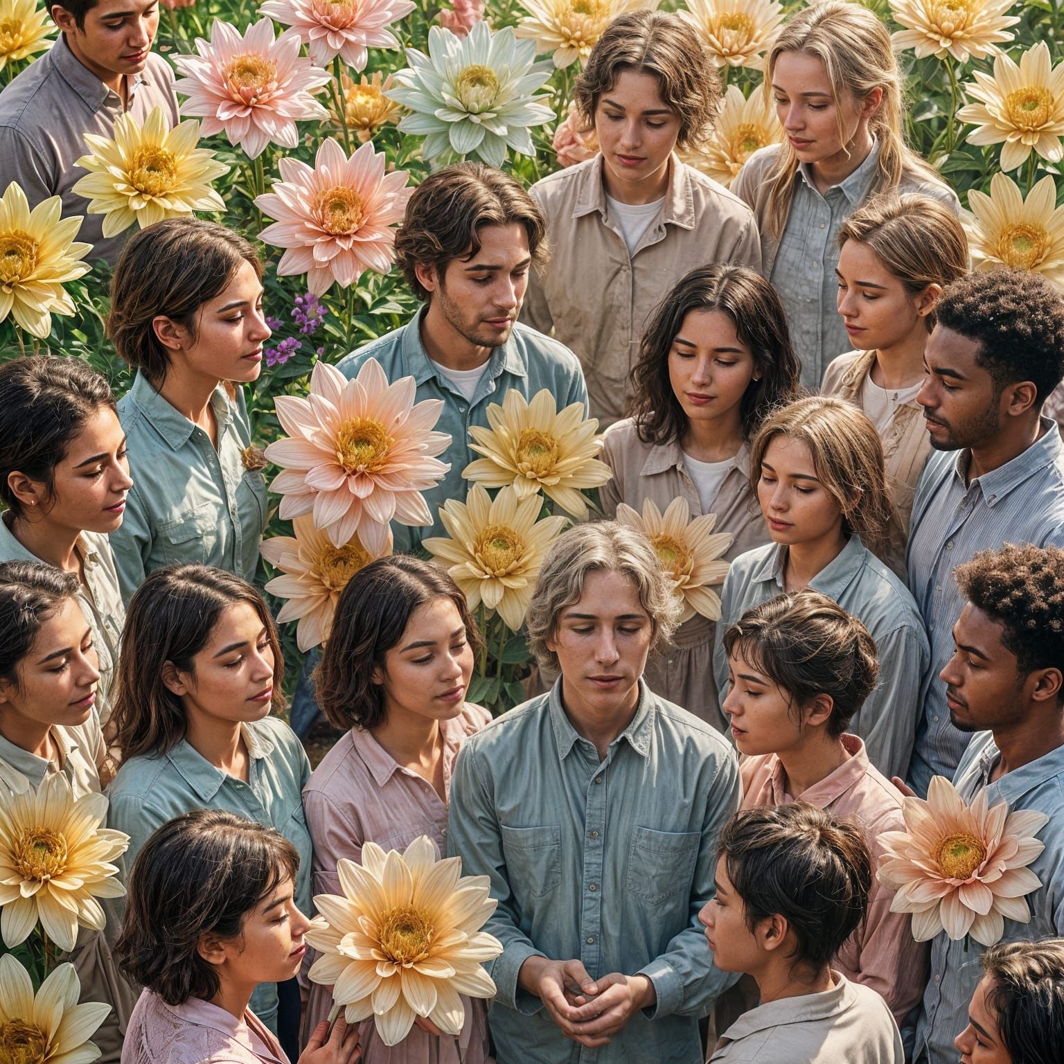 Interconnected People Form Radiant Flower of Support