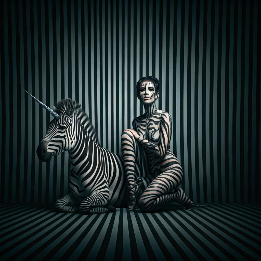 Surrealist Woman Unites with Zebra Unicorn in a Maze of Stri...