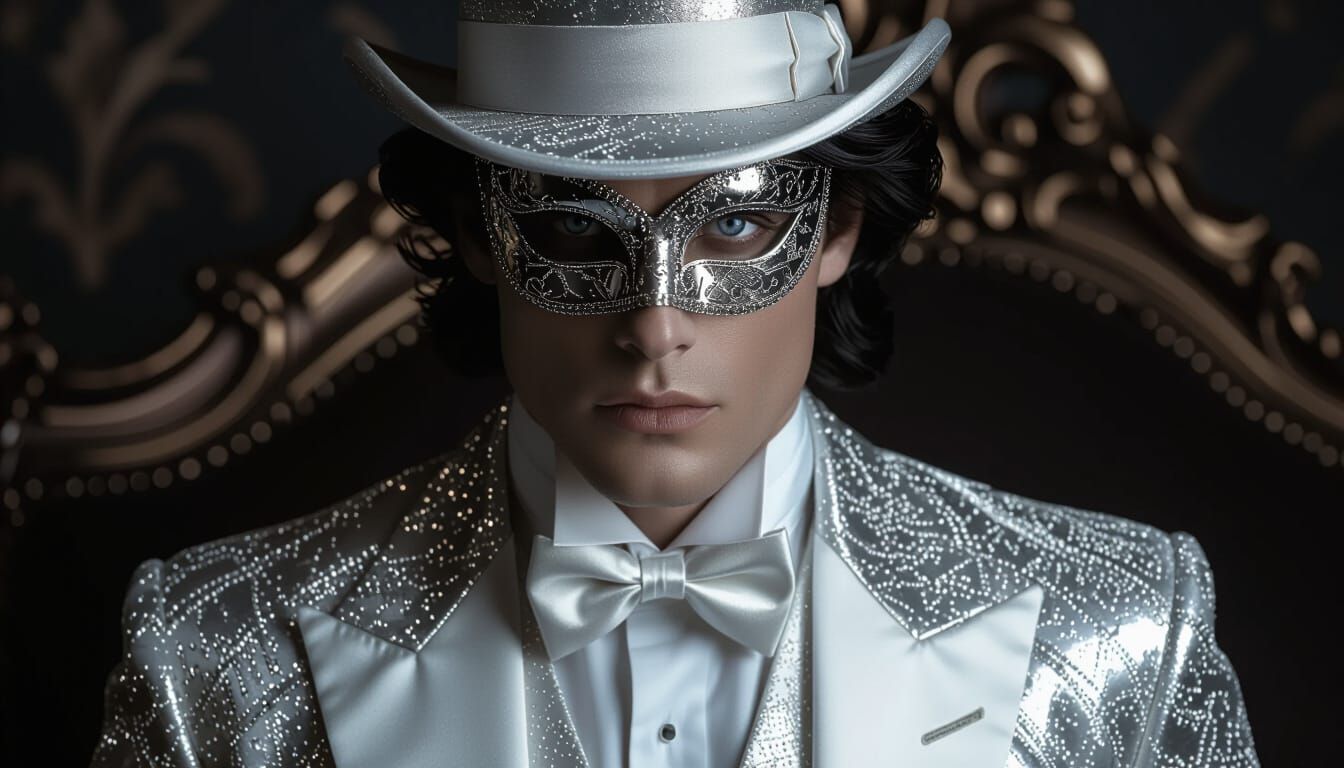 Elegant Man in Silver Tuxedo and Mask