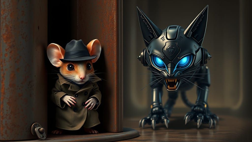 Stealthy Mouse Evades Cybernetic Feline in Dark Alley