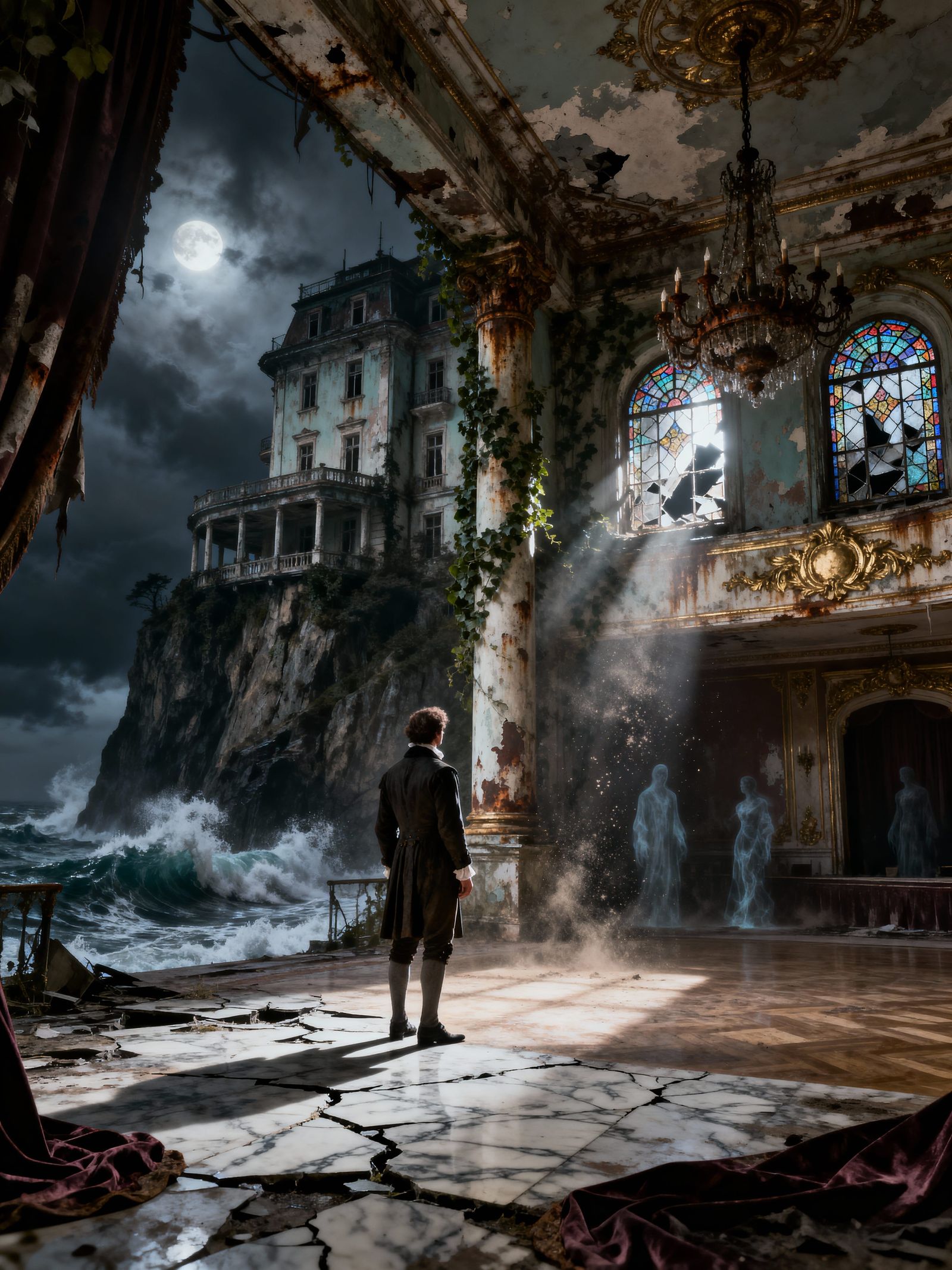 Abandoned Grand Hotel on Stormy Cliff in Hyper-Realistic Sty...