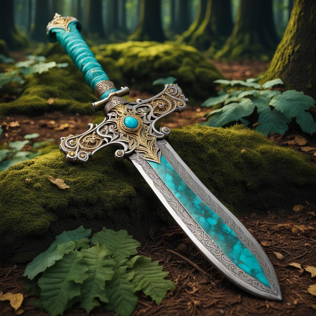 Magical Silver Sword on Ancient Forest Altar