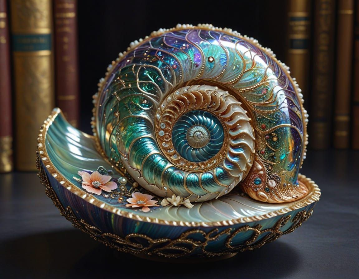 Iridescent Jeweled Nautilus Shell Diorama