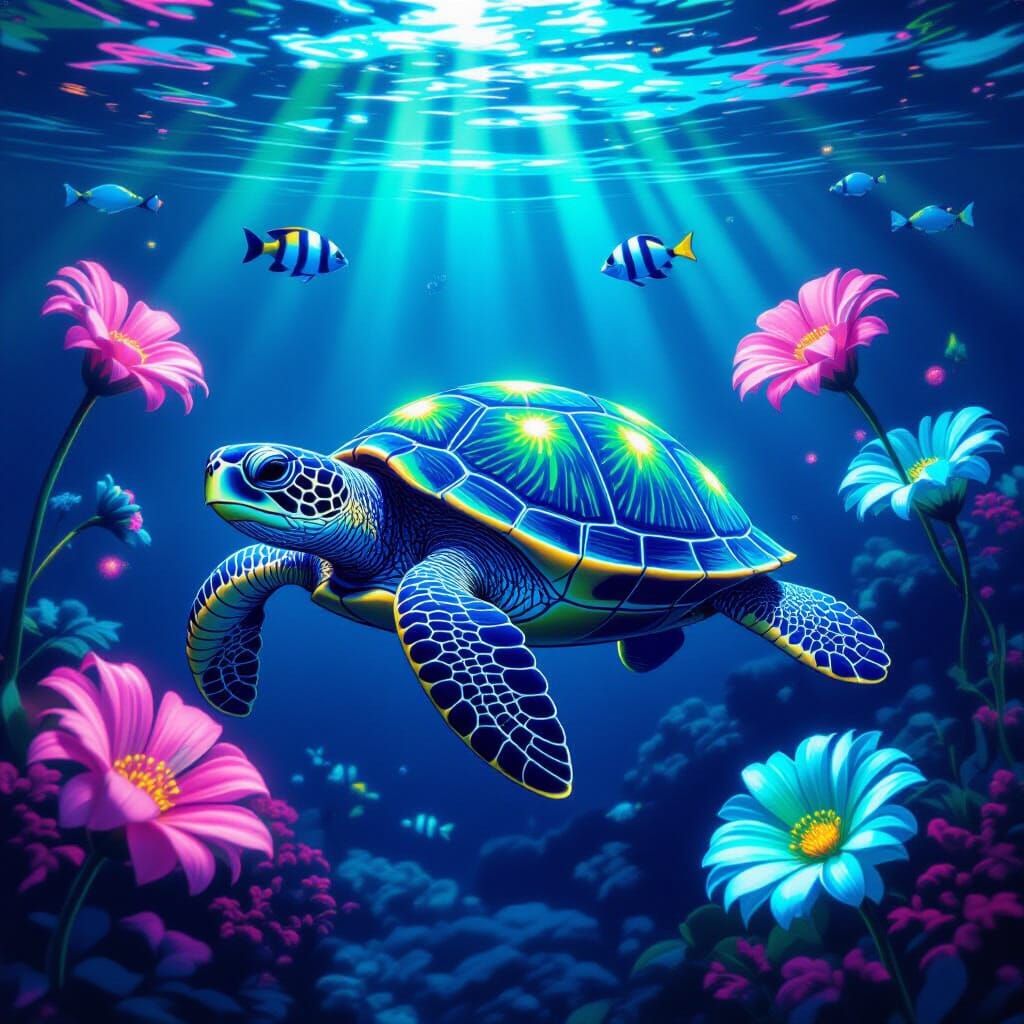 Neon Turtle in Surreal Underwater World
