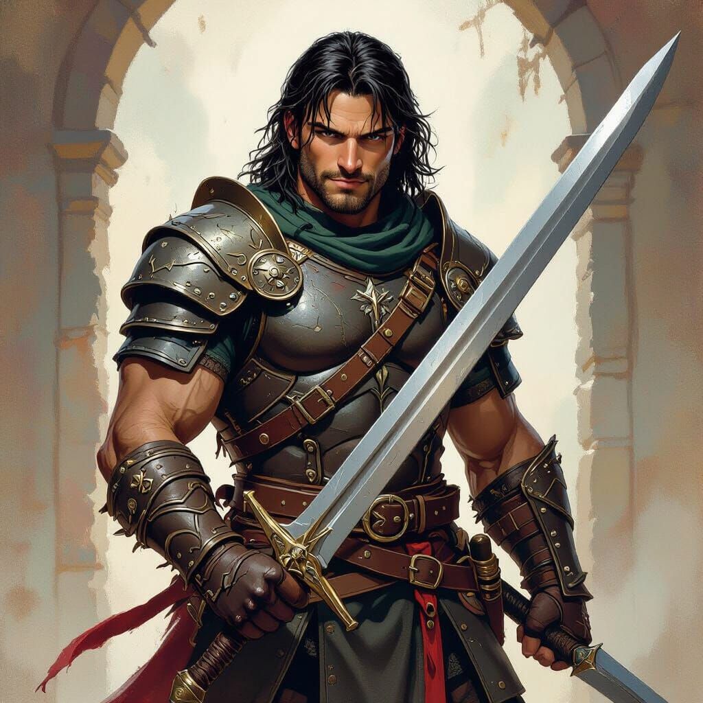 Smirking Warrior with Longsword in Fantasy Art Style