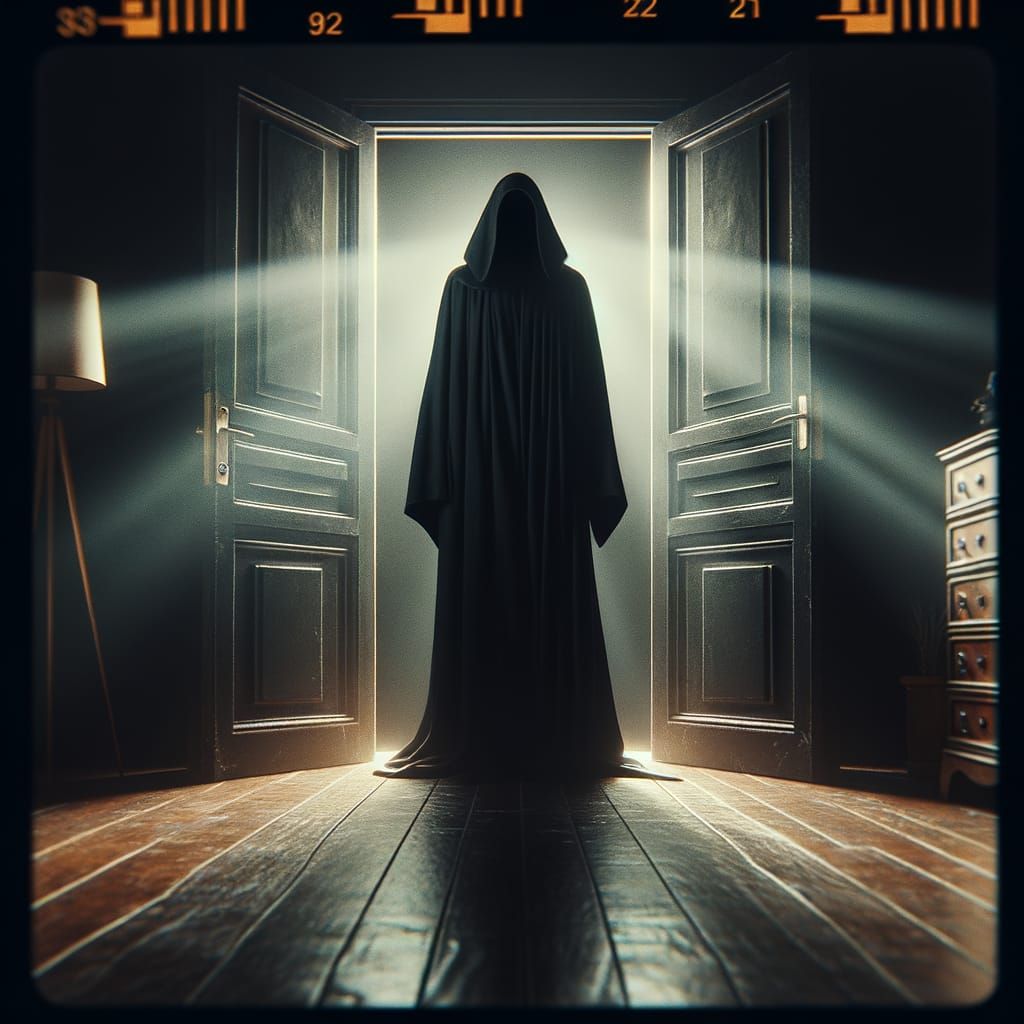Mysterious Black Robed Figure in Open Doorway