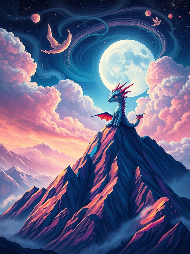 Chibi Dragon on Iridescent Mountain Range