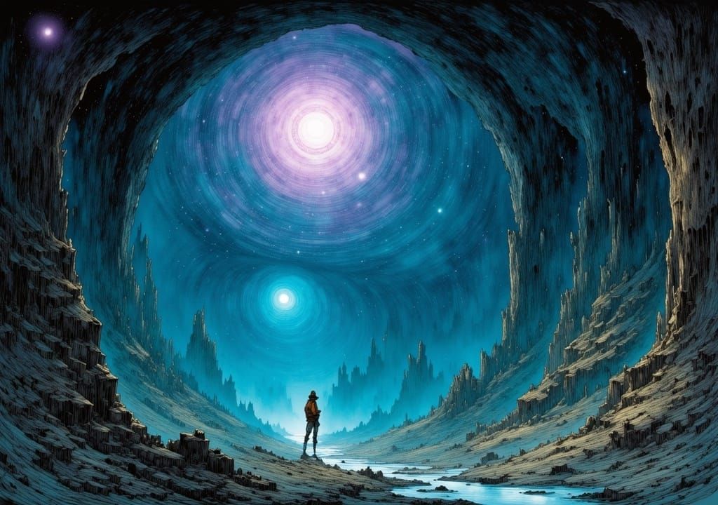 Vast Cave Explorer Gazes at Starry Sky