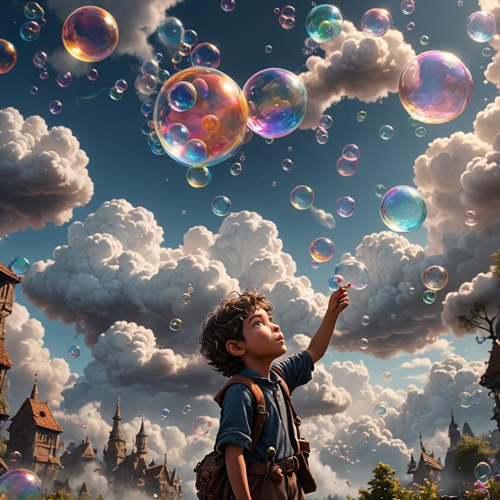 Child Blows Bubble Clouds: Fantasy Concept Art
