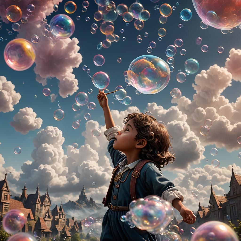 Child's Bubbles Become Clouds, Detailed Matte Painting