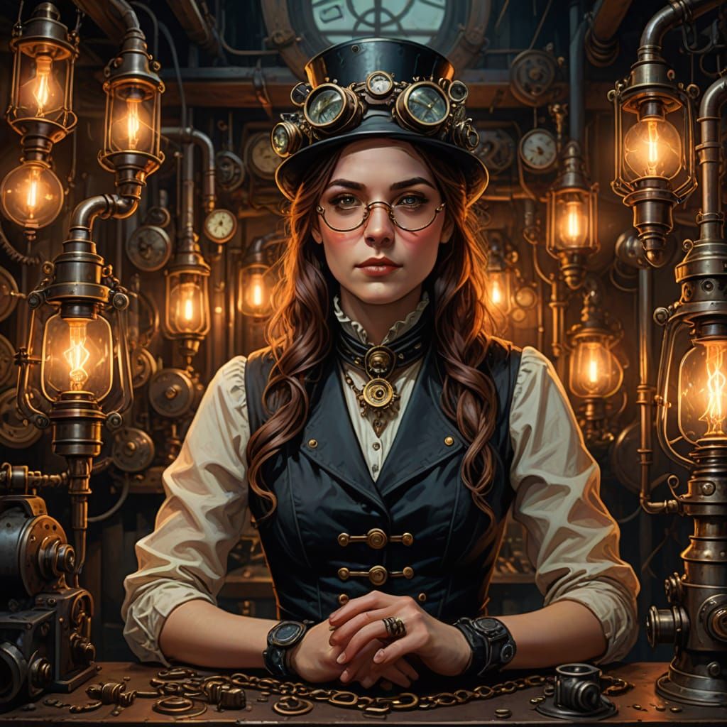 Steampunk Lady Inventor in Whimsical Victorian-Era Setting