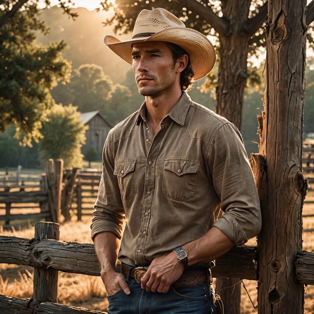 Handsome Man on Farm at Sunset, Hyperrealistic Art
