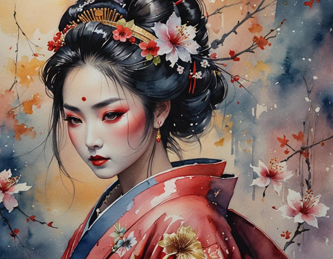 Watercolor Geisha with Intricate Details and Dramatic Lighti...